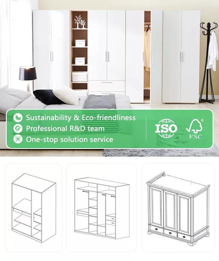 White Color High Quality Wood 3 Door 2 Drawer Wardrobe