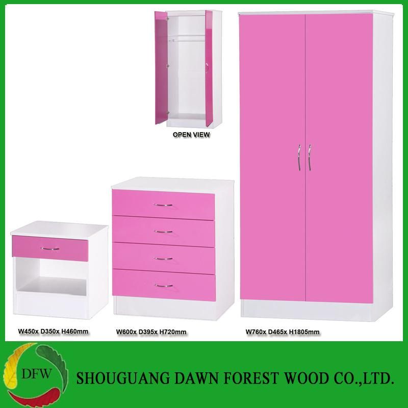 Pink High Gloss & White 3 Piece Bedroom Set 2 Door Wardrobe Chest Bedside