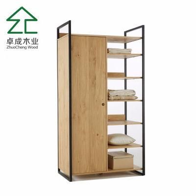 Teak Color Metal Frame Wooden Single Door Wardrobe with Handle