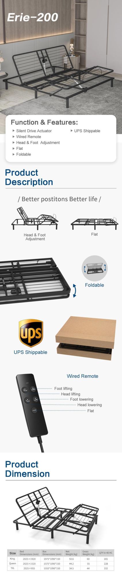 Good Service 110V-220V 50-60Hz Bedroom Furniture Adjustable Bed Frame