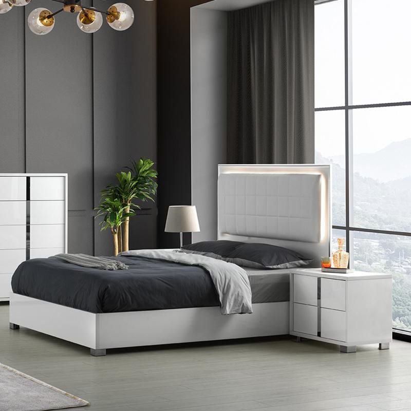 Nova White Gloss Bedroom Furniture Set with 2 Nightstands / Dresser and Mirror / LED Gloss Bed