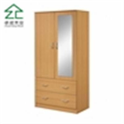 Oak Color Two Doors Wardrobe with Handle and Mirror