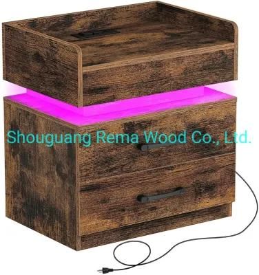 Most Popular Nightstand Bedside Table End Table Side Table with Charging Station and LED Lights for Bedroom