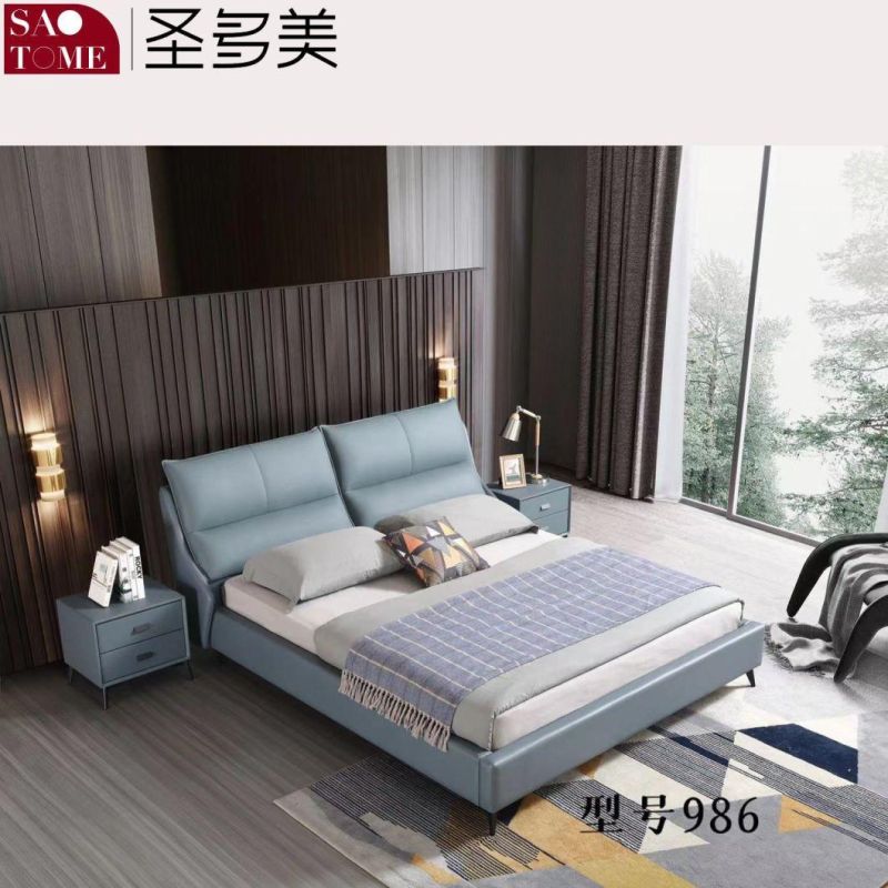 Modern Bedroom Furniture Sea Blue Tech Fabric Double Bed