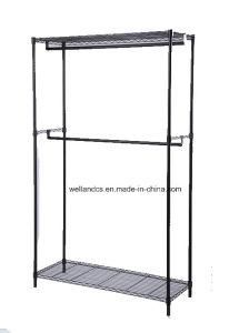 Black Metal Garment Clothes Rack Stand with Double Hanging Rail and 2 Layer Storage Shelf