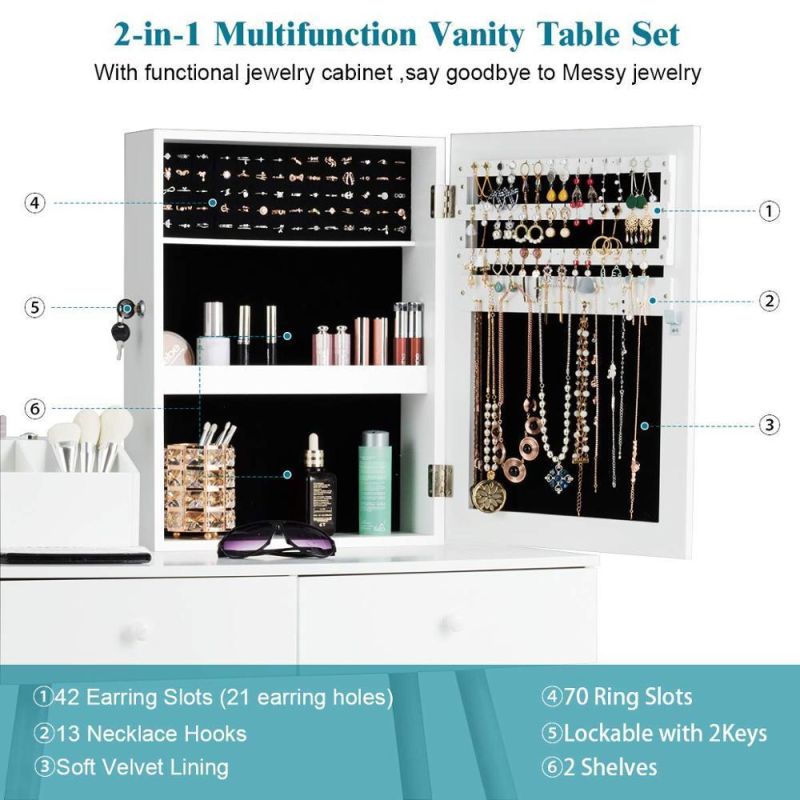 Modern Mirror Vanity Dressing Table Set with Lockable Jewelry Cabinet for Girls