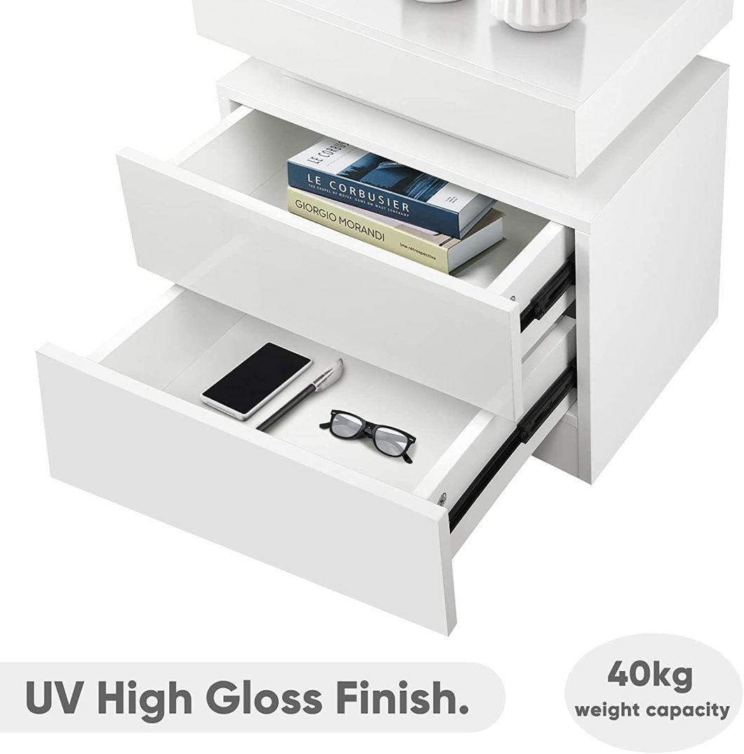 UV High Gloss Bedside Table Nightstand End Table with LED Light for Living Room Bedroom