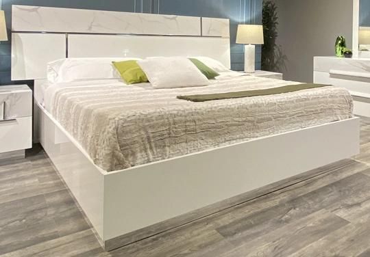 Nova Clean and Minimalistic Design Double Bed with White-Gray Striped Marble and White Gloss Finish