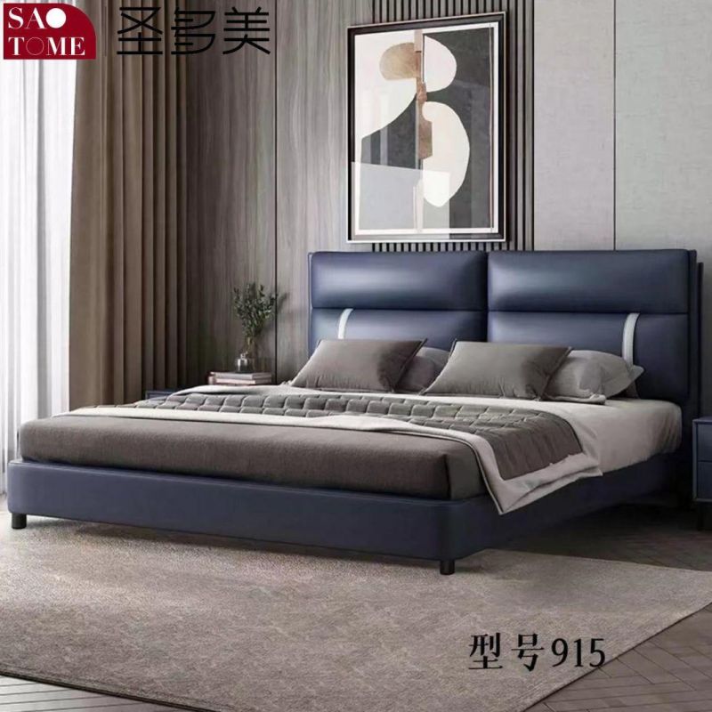 Modern Luxury Hotel Bedroom Furniture Dark Grey Leather Solid Wood Frame Double Bed