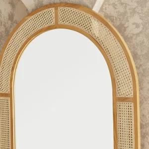 Dressing Mirror Glass with Ash Wood Veneer Natural Woven Rattan