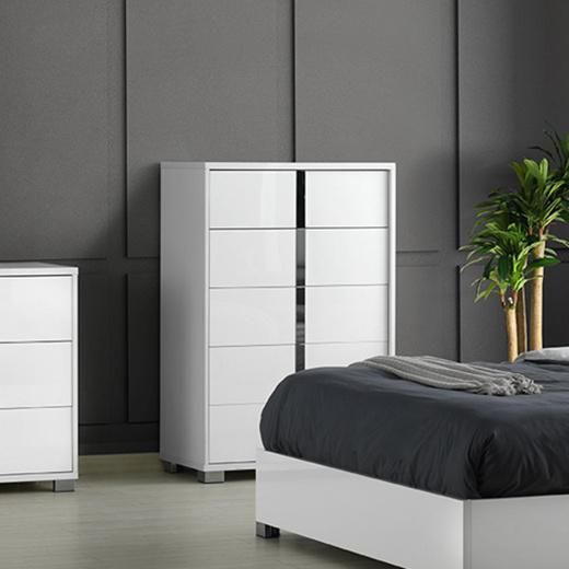 Nova White Gloss Bedroom Furniture Set with 2 Nightstands / Dresser and Mirror / LED Gloss Bed