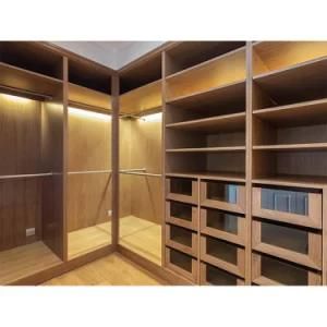 U Shape Walk in Closet Custom Leather Seat Wood Wardrobe with Light