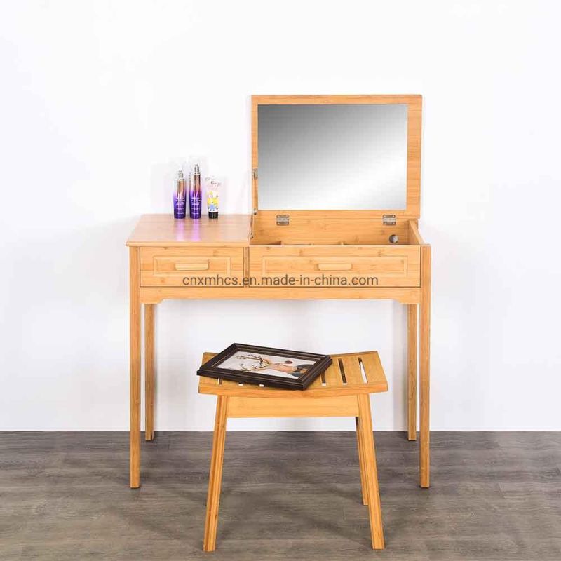 Bamboo Vanity Table 1 Set Functional Dressing Table with Drawer and Mirror Modern Style Brief Style Wooden Dresser