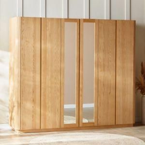 Natural Ash Wood 5 Door Wardrobe with Woven Rattan Mirror