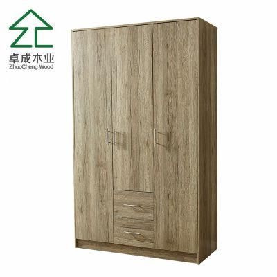 Teak Color Wooden Wardrobe with Three Doors and Two Drawer