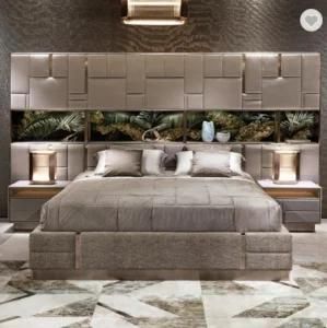 Big Headboard Modern Double Bed Genuine Leather Beds Frame Modern Italian Leather Luxury Double King Size Be