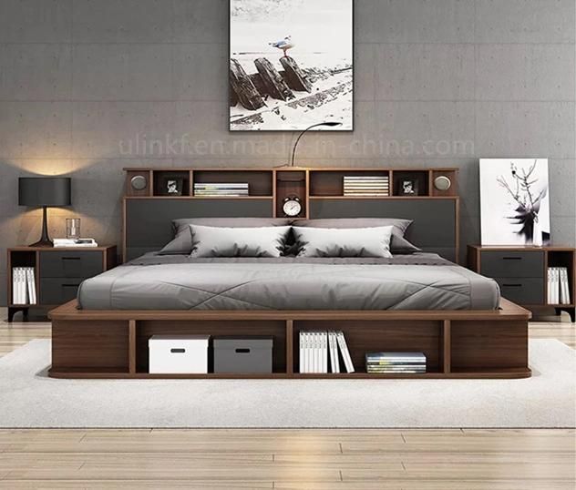 Living Room Modern Wooden Home Furniture King Queen Size Bed with Low Price Made in China