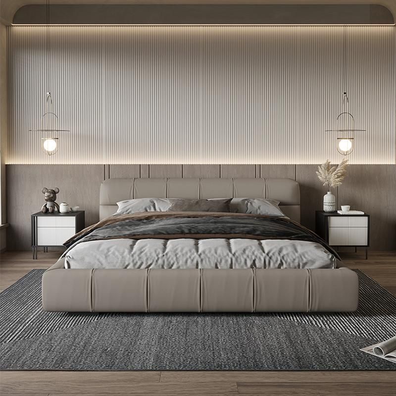 Metal Frame and Wooden Slat Light Gray Artificial Leather Wrapped Bed Bedsteads