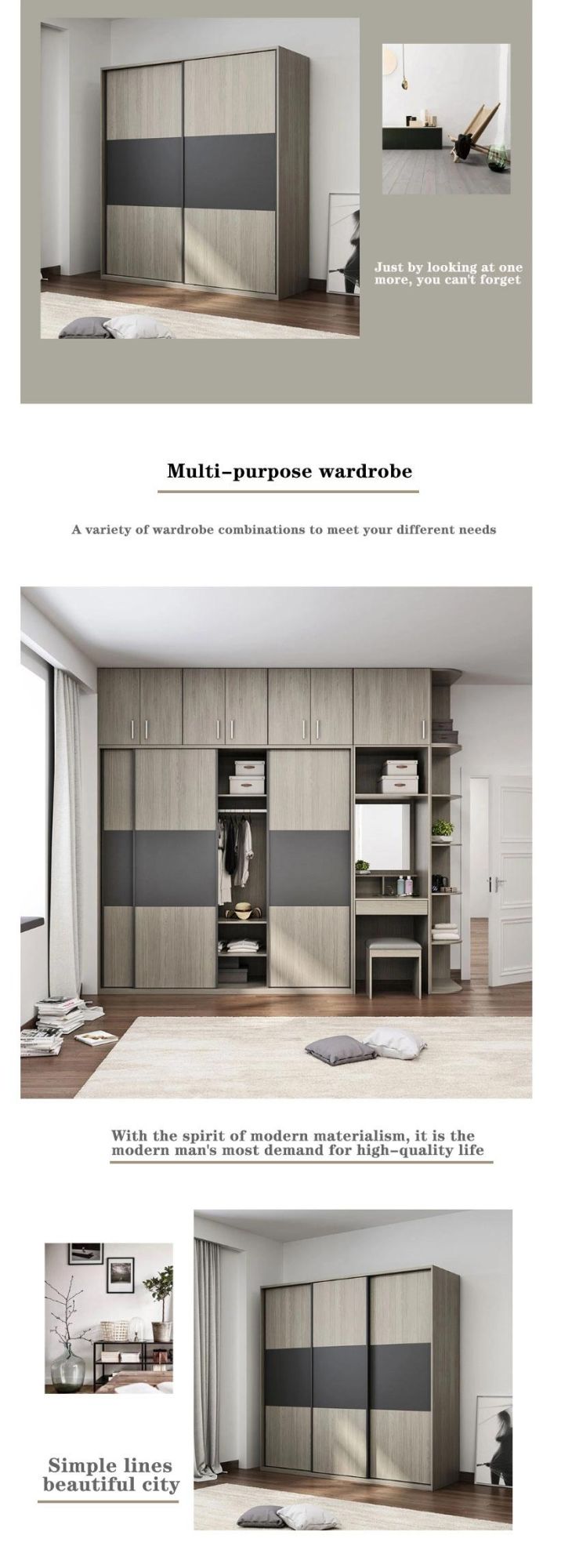 European Style Wooden Bedroom Furniture Closet Sliding Door Wardrobe with Mirror
