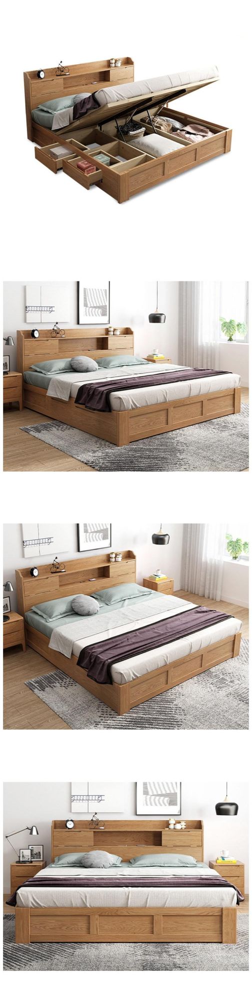 Nordic Style All Solid Wood High Box Bed, White Oak Double Bed 0031
