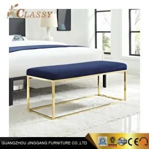 Quality Modern Design Blue Velvet Ottoman Bench with Golden Metal Leg for Hotel