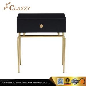 Modern Hotel Furniture Black Wood Drawer Night Table Cabinet with Gold Frame Base