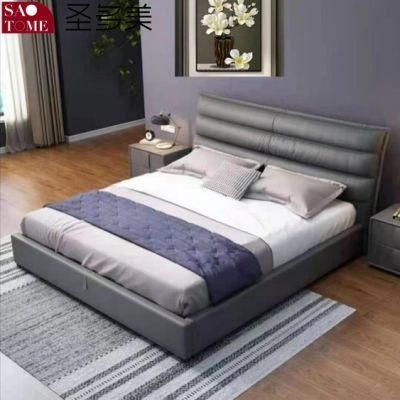 Modern Luxury Hotel Bedroom Furniture Dark Grey Leather Solid Wood Frame Double Bed