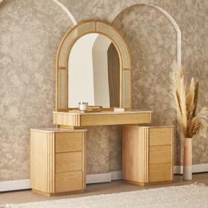 Solid Wood Veneer Dresser Tabled with Natural Stone Marble Top Natural Woven Rattan