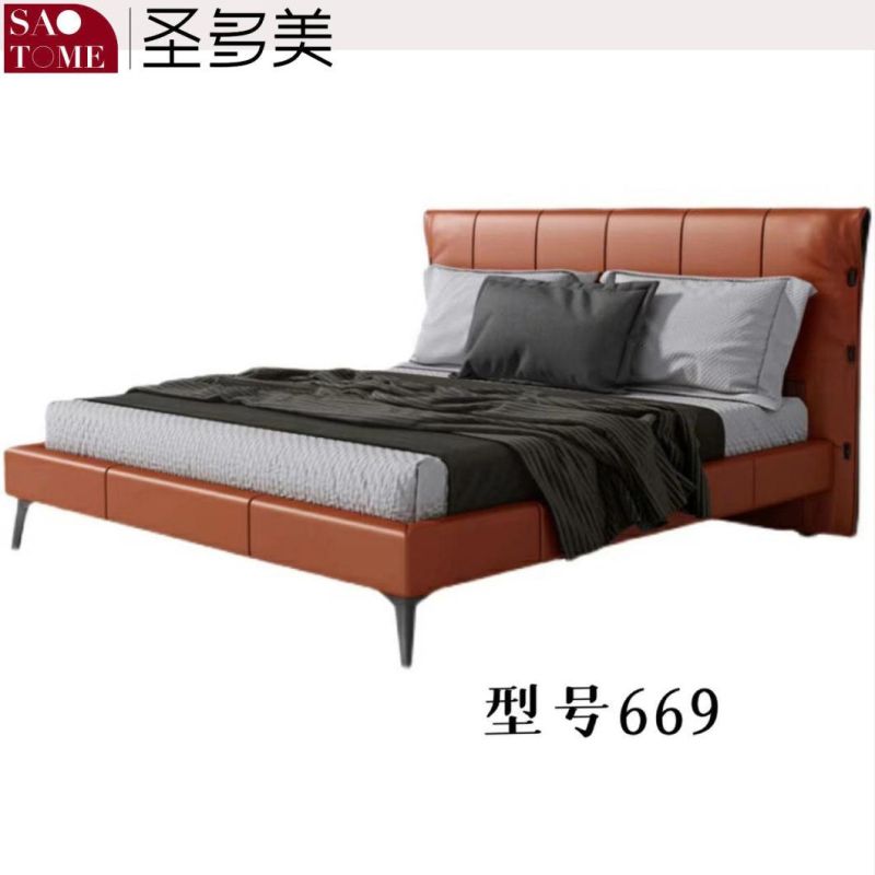 Solid Wood Furniture Bedroom Hotel Furniture Hermes Orange Leather Double King Bed