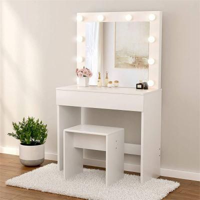 White Dressing Table with 10 Light Bulbs and Chair