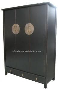 Antique Furniture Solid Wood 3 Door Black Wardrobe