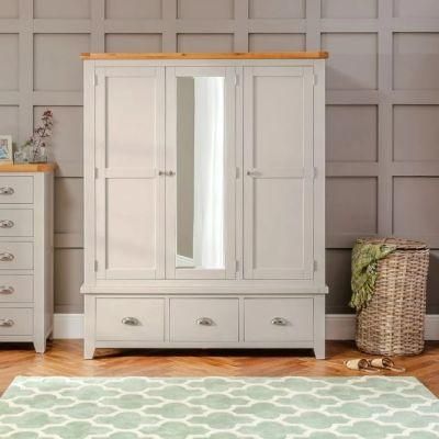 Grey Painted Triple 3 Door Mirrored Wardrobe with 3 Drawers