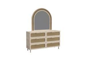 6 Drawer Dresser with Mirror Light Oak Handle Brass Natural Rattan Glass Mirror