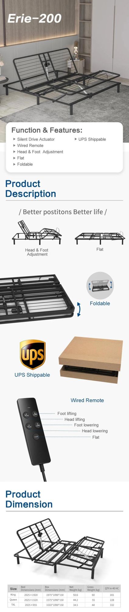 Metal 50-60Hz Adjustable Bed Frame with Factory Price