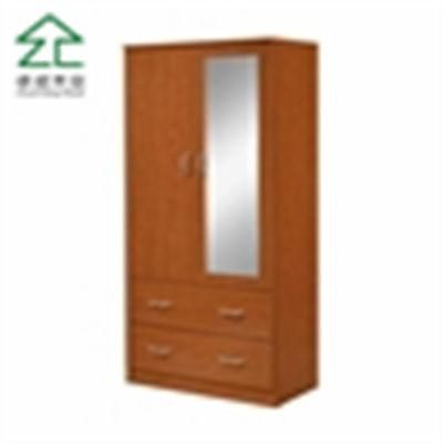 Browm Color Two Doors Wardrobe with Handle and Mirror
