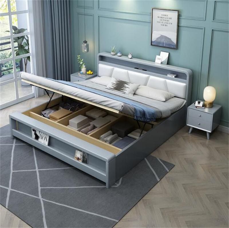 Solid Wood Bed Double Bed with Charging Function and Light Modern Bed
