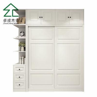 White MDF Door Panel Sliding Door Wardrobe with Top Cabinet