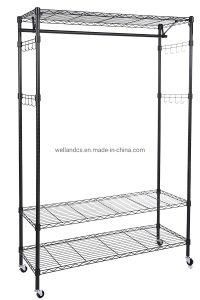 Simple 3 Tiers Rolling Adjustable Heavy Duty Steel Clothing Garment Storage Rack with Hooks