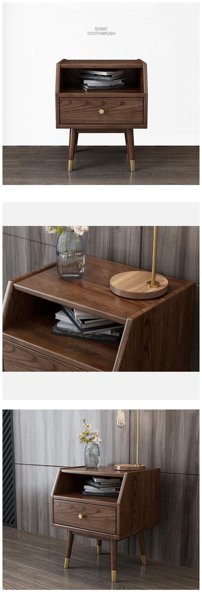 All Solid Wood Nordic Light Luxury Ash Wood Simple Bedside Table Walnut Storage Cabinet Side Cabinet Wood Wax Oil Furniture 0029