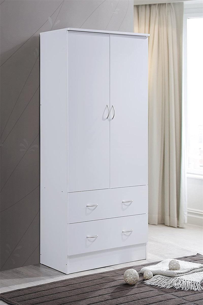 Two Door White Wardrobe with Two Drawers and Hanging Rod