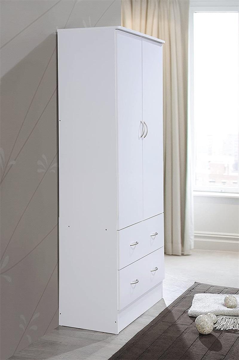 Two Door White Wardrobe with Two Drawers and Hanging Rod