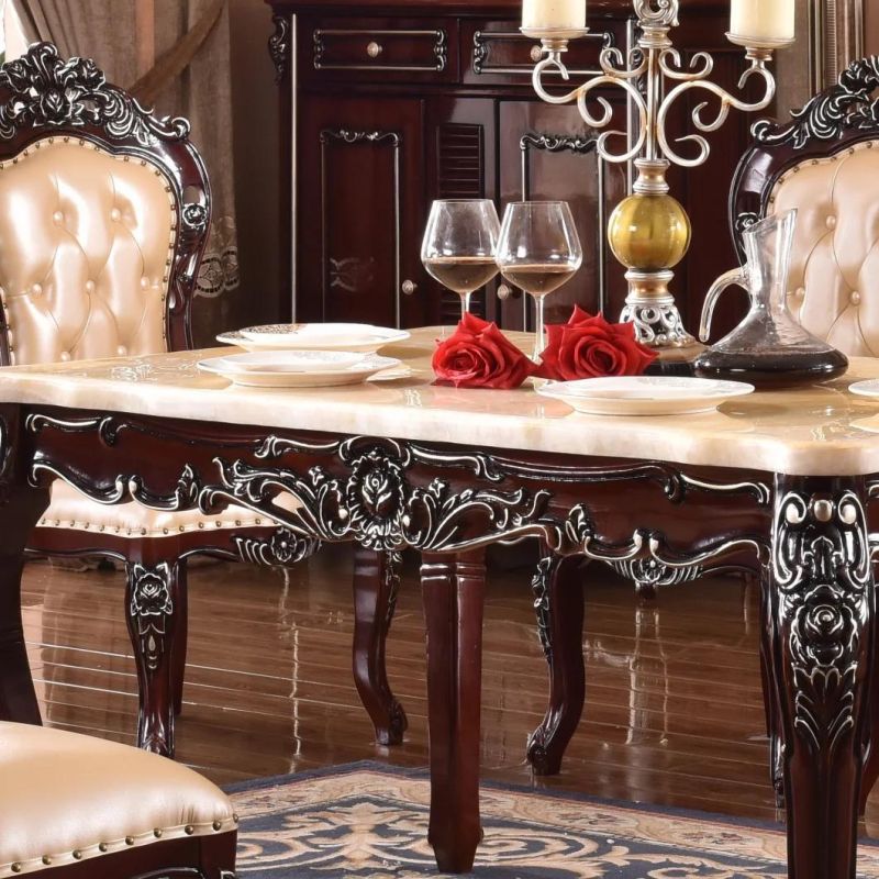 Modern Luxury Solid Wood Furniture Carve Marble Square Dining Table Set