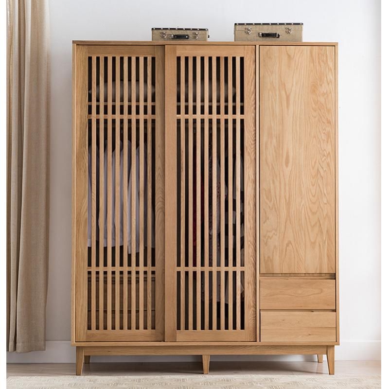 Nordic Japanese Style Solid Wood Wardrobe Simple Bedroom Furniture White Oak Sliding Door Wardrobe Storage Cabinet Custom 0038