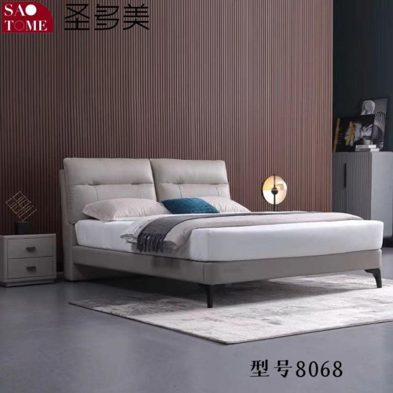 Modern Dark Blue Leather Solid Wood Plywood Frame Double Bed