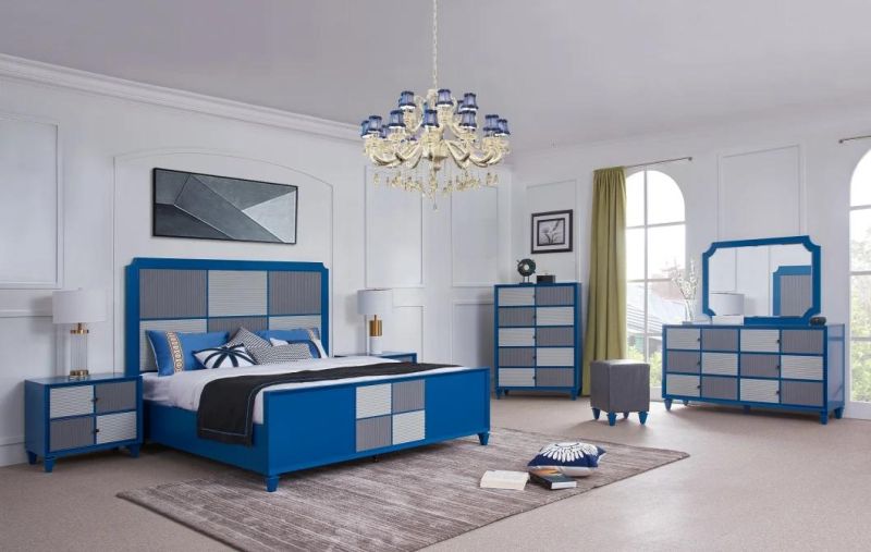 Sky Blue MDF Painting Bed for Yonger Hotol Bedroom