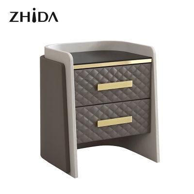 Italian Modern Design Home Furniture Luxury Double Drawers Bedside Table Villa Bedroom Leather Upholstered Decorative Bedside Wooden Nightstand