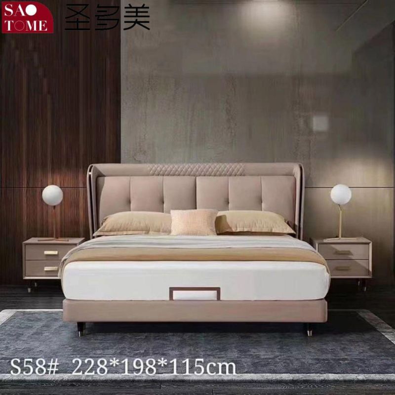 Modern Hotel Beige and Brown Leather Bedroom Furniture Double Bed