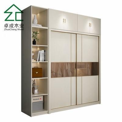 White MDF Door Panel Sliding Door Closet with Top Cabinet