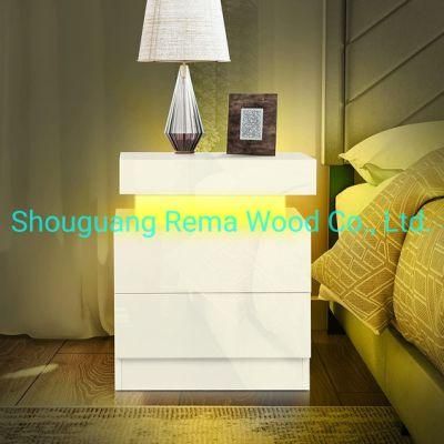 UV High Gloss Bedside Table Nightstand End Table with LED Light for Living Room Bedroom