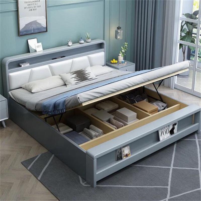 Solid Wood Bed Double Bed with Charging Function and Light Modern Bed
